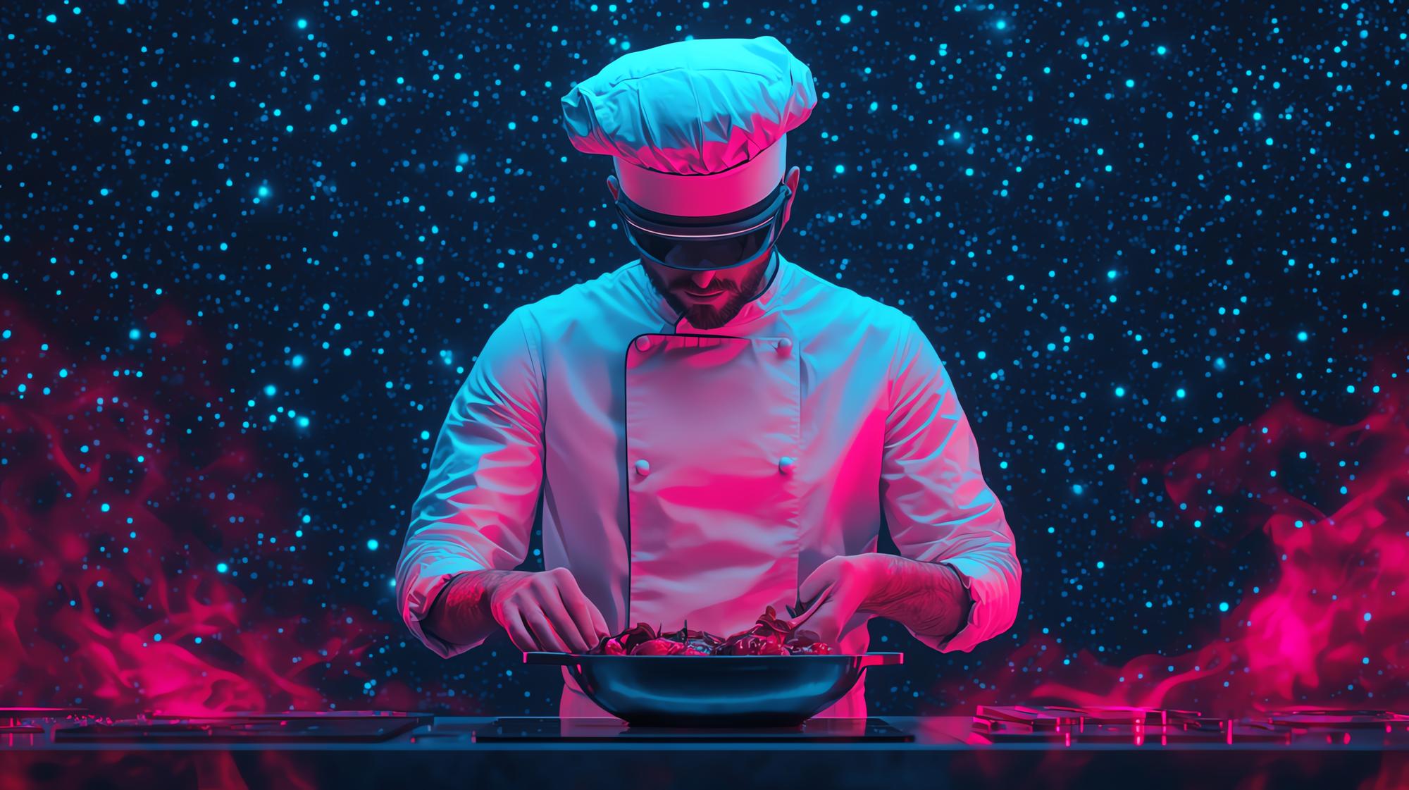 Chef demonstrating modern plating with neon-lit kitchen